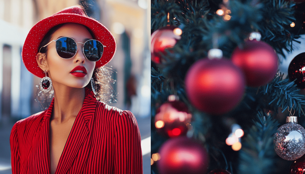 REd top with round red car. Red lipsticks and dark glases